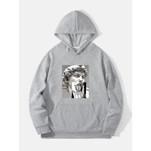 Heykel El Sweatshirt - Gri Baskılı Oversize Kapüşonlu Gri