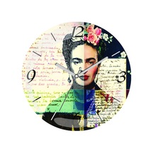 Frida Kahlo Mektup Çap 30cm Sessiz Akar Bombeli Gerçek Cam Duvar Saati Çok Renkli