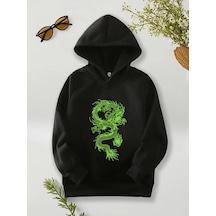 Çocuk Yeşil Ejderha Baskılı Tasarım Sweatshirt Siyah