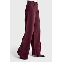 Itsbasic Kadın Bordo Renk T-6w5-122 Palazzo Fit Parlak Taşlı Özel Tasarım Denim Jean