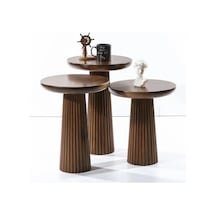 Wood Wooden 3 Lü Set Fitilli Mantar Yan Sehpa Modern Koyu Ceviz Renk Fiskos Kahverengi