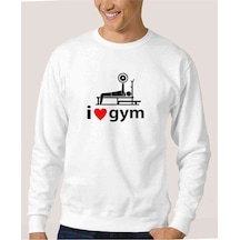 I Love Gym Baskılı Beyaz Erkek Örme Sweatshirt