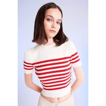 Defacto Slim Fit Dar Kesim Çizgili Bisiklet Yaka Kısa Kollu Triko Kazak D4619AX24AURD86 Kırmızı