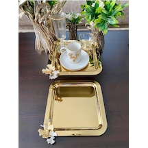 Atabey Home Collection 2 Adet Kahve & Çay & Sunum Tepsisi Gold Tepsi Kelebek Dökümlü