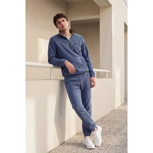 Tommy Life Petrol Yarım Fermuar Dik Yaka Lastik Paça Polar Erkek Eşofman Takımı - 85159 Petrol