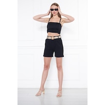 Hgfashion Kadın Beli Kemerli Keten Şort Siyah Renk Siyah