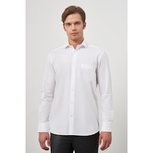 İmza Beyaz Uzun Kol Kendinden Kareli Desen Armürlü Yarım İtalyan Yaka Cepli Pamuklu Classic Comfort Fit Gömlek 1004245173 Beyaz