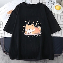 Tarzsokak Beyaz Shiba Inu Köpek Baskı Yaz/ O-boyun Stree Siyah