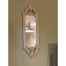Kısa Oval Dekoratif Duvar Aynası Vizon & Eskitme Altın Varaklı 60x20 Cm Naturel
