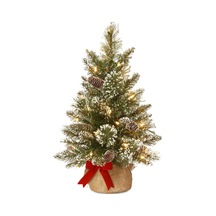 Önceden Aydınlatılmış Yapay Mini Noel Ağacı Küçük Led Işıklar, Beyaz Uçlu, Parıltılı Dallar Koniler Ve Bez Çanta Tabanı Parlak Kıl Çam-2, 2 Ayak, Yeşil Diğer