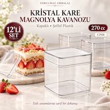 Kristal Kare Magnolya Kavanozu 270 Cc Kapaklı 12 Li Cp08 Şeffaf Plastik Tatlı Ve Puding Sunum Kabı