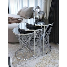 3'lü Anatol Zigon Sehpa Seti Gümüş Ayak Siyah Cam Gümüş - Siyah