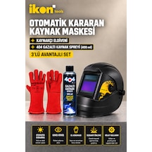 İkon Tools Otomatik Kararan Kaynak Maskesi Tıg Mıg Mma Plazma Uyumlu Dın 4-9/13 + Kaynakçı Eldiveni + 404 Gazaltı Kaynak Spreyi 400 Ml - 3 Lü Kaynak Seti