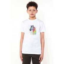 Tshirthane Zebra Renk Sıçrama Baskılı Unisex Çocuk Beyaz T-Shirt