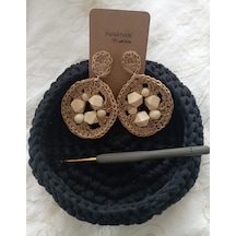 Ndk Craft El Yapımı Kağıt İp Naturel Ahşap Boncuklu Küpe Açık Kahverengi