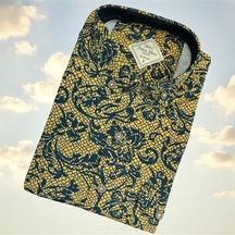 Linen Uzun Kol Pamuklu Yakası Gizli Düğmeli Gömlek Slim Fit Kalıp Sarı