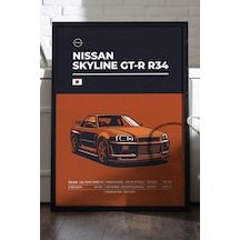 Nissan Skyline Gt-r R34 Siyah Ahşap Çerçeveli Poster, Dekoratif Araba Duvar Tablosu