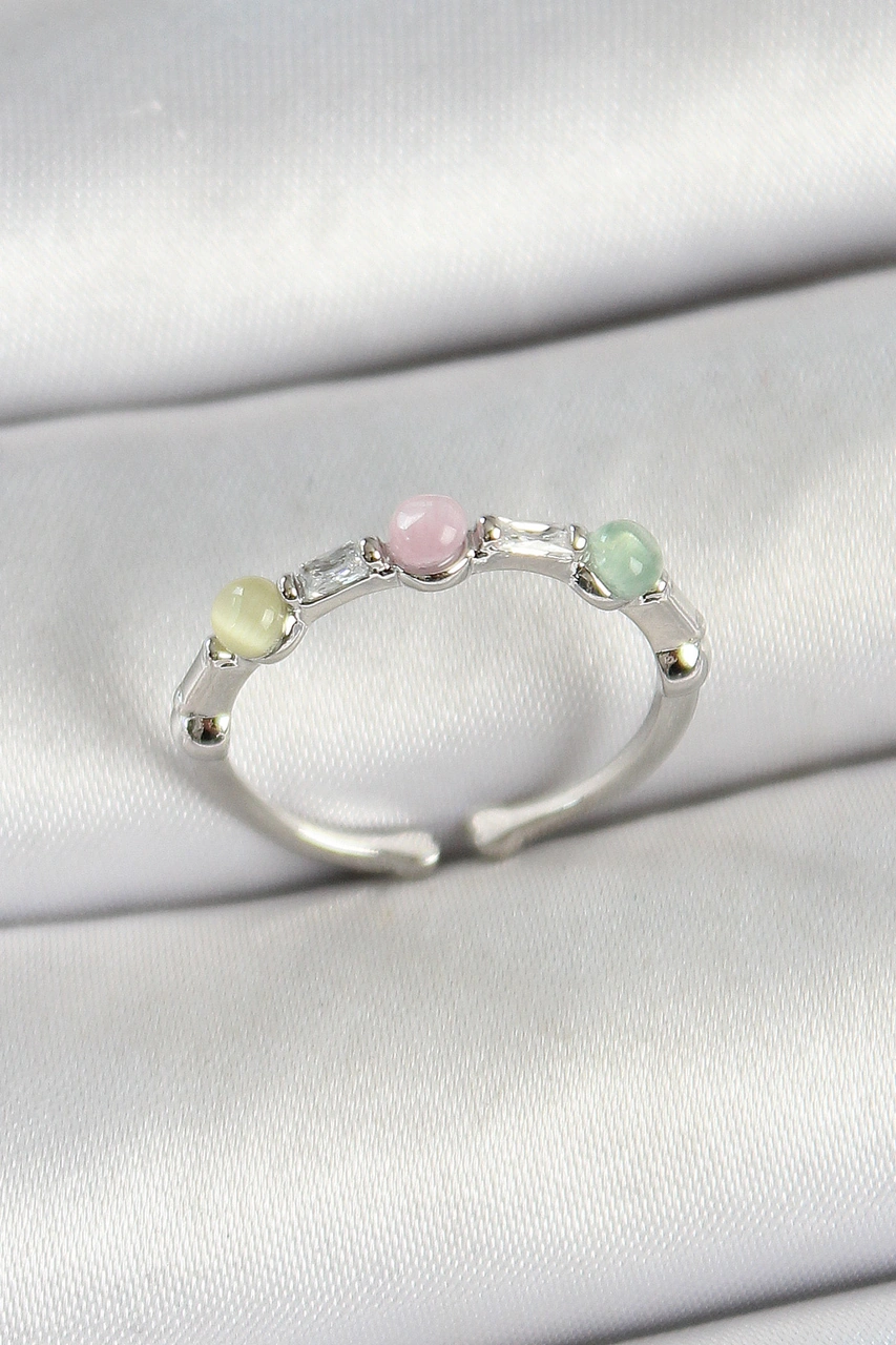 Nova Bazaar Pirinç Sıralı Boncuk Figürlü Zirkon Taşlı Gümüş Renk Ayarlanabilir Kadın Yüzük Çok Renkli