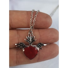 Kırmızı Mineli Flyıng Heart Kolye Siyah