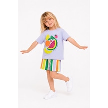Cg Kids Meyve Baskılı Kabartma Renkli Çizgili Şortlu Kız Çocuk Takım - Lila / Çok Renkli Mor - Lila