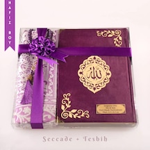 Seccade + Tesbih + Kuran Hediye Seti Hafız Boy, Kadife, Bordo, Lafzatullah