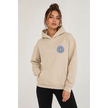 Herkesemoda Papatya Baskılı Kapüşonlu 2 İplik Şardonlu Sweatshirt Bej