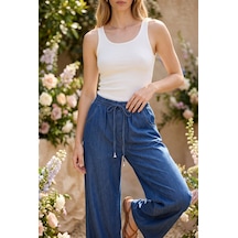Soulshae Yüksek Bel Beli Lastikli Denim Pantolon Mavi