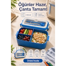 Mavi 3 Bölmeli Çocuk Beslenme Kutusu Kaşık Çatal Dahil Kilitli Kapaklı Taşıma Saplı Lunch Box