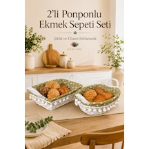 2'li Ponponlu Ekmek Sepeti Seti Oval Ve Dikdörtgen Çıkarılabilir Kumaş Astarlı Hasır Servis Sepeti Açık Yeşil