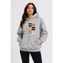 Herkesemoda Küçük Leopar Kalpler Baskılı Kapüşonlu 2 İplik Şardonlu Sweatshirt Gri