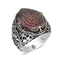 Gümüş Kırmızı Zirkon Taşlı Oval Erkek Yüzük - 555900544