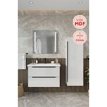 Banyo Kadife Beyaz Parlak Hıgh Gloss Demonte 80 Cm Banyo Dolabı Ledli Aynalı Üst Dolap Boy Dolabı Beyaz