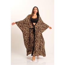 Kadın Leopar Desenli Kemerli Tasarım Uzun Kimono - Leopar