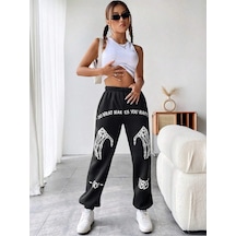 Coolane Skeleton Hand & Letter Graphic Elastic Waist 4 Mevsim Eşofman Siyah
