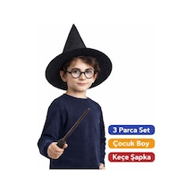 Harry Potter Tarzı Çocuk Seti Siyah Keçe Şapka, Flzdgnkr - 23 Asa, Gözlük
