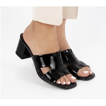 N Napa Shoe Np.9550.s.iyah Rugan Kadın Rugan Topuklu Terlik Kalın Topuklu, Kare Burun, Günlük Ve Şık Kullanım Siyah