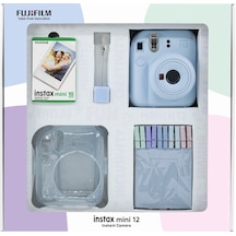 Fujifilm Instax Mini 12 Fotoğraf Makinesi + 10'lu Film + Simli Pleksi Kılıf + Mandal + Kıskaçlı Resim Standı Bundle Mavi