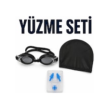 Yüzme Seti Siyah Gözlük Bone Kulak Tıkacı Burun Klipsi 4 Parça