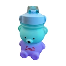 Smile Ayıcık Figürlü Çocuk Su Matarası Pipetli Kapaklı Turkuaz Mor Renk Geçişli 500ml