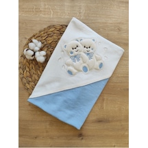 %100 Pamuklu & Mevsimlik Bebek Battaniyesi - Kahverengi & Ayıcık Nakışlı Bebek Örtüsü 80x90 Cm Mavi
