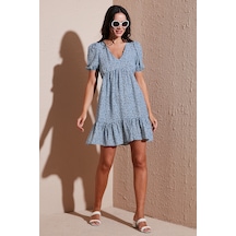 Lela Regular Fit V Yaka Balon Kol Desenli Mini Bayan Elbise 67810045 Indigo