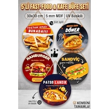 5'li Ahşap Fast Food Kafe & Restoran Duvar Dekoru Seti, Hamburger Tost Patso Döner Sandviç Temalı İpli Pano