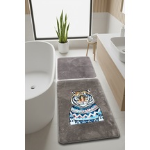 Logwe Taş 2li Nakışlı Banyo Paspası ,kaymaz Tabanlı 60x100 50x60 Cm Taş-ikili