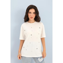 T-shirt Bisiklet Yaka Halka Ve Taş Detaylı - Ekru-ekru Ekru