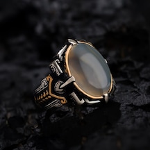 Oval Ay Taşlı Tasarım 925 Ayar Gümüş Erkek Yüzük Gümüş
