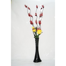 60 Cm Uzun Siyah Desenli Vazo 5 Adet Kırmızı Üzüm Çiçek Sarı Gül