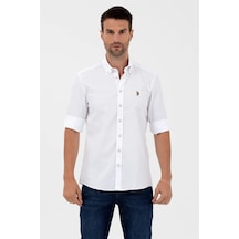 U.S. Polo Assn. Erkek Düğmeli Yaka Slim Fit Uzun Kollu %100 Pamuk Beyaz