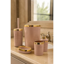 Makri Home Banyo Seti 5'li,akrilik-çöpkovası,wc Fırçalık,sıvı Sabunluk,diş Fırçalık,el Sabunluk,gold Renk Detay Somon