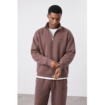 Erkek Respire Basic Half Zip Oversize Sweatshirt Kakao Kahverengi