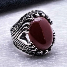925 Ayar Gümüş Bordo Akik Taşlı Erkek Yüzük Gümüş